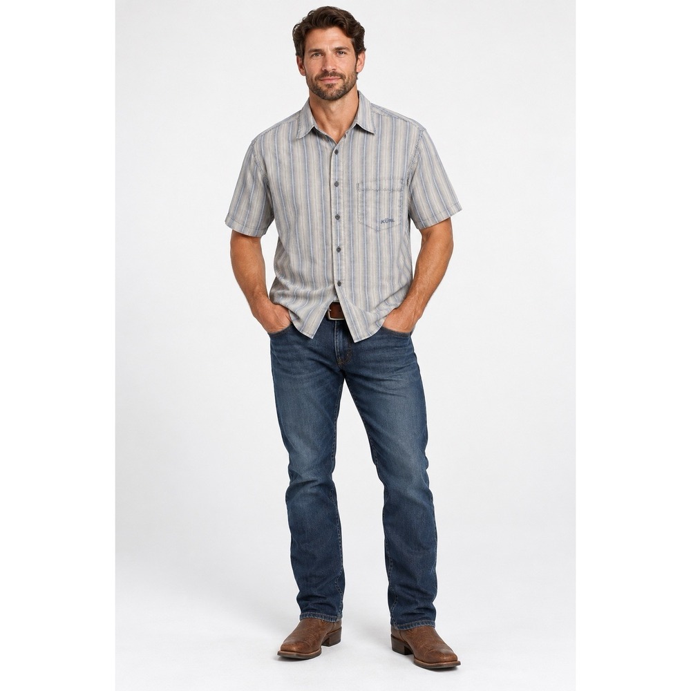 KÜHL Men's XL Short Sleeve Button Up Shirt Blue Gray Stripe Outdoor Hiking